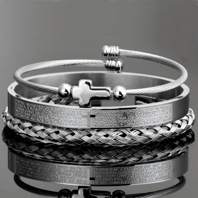 Trio von Unser Vater Kreuz Armreifen - Schickes Edelstahl mit Gold- und Silber-Finish