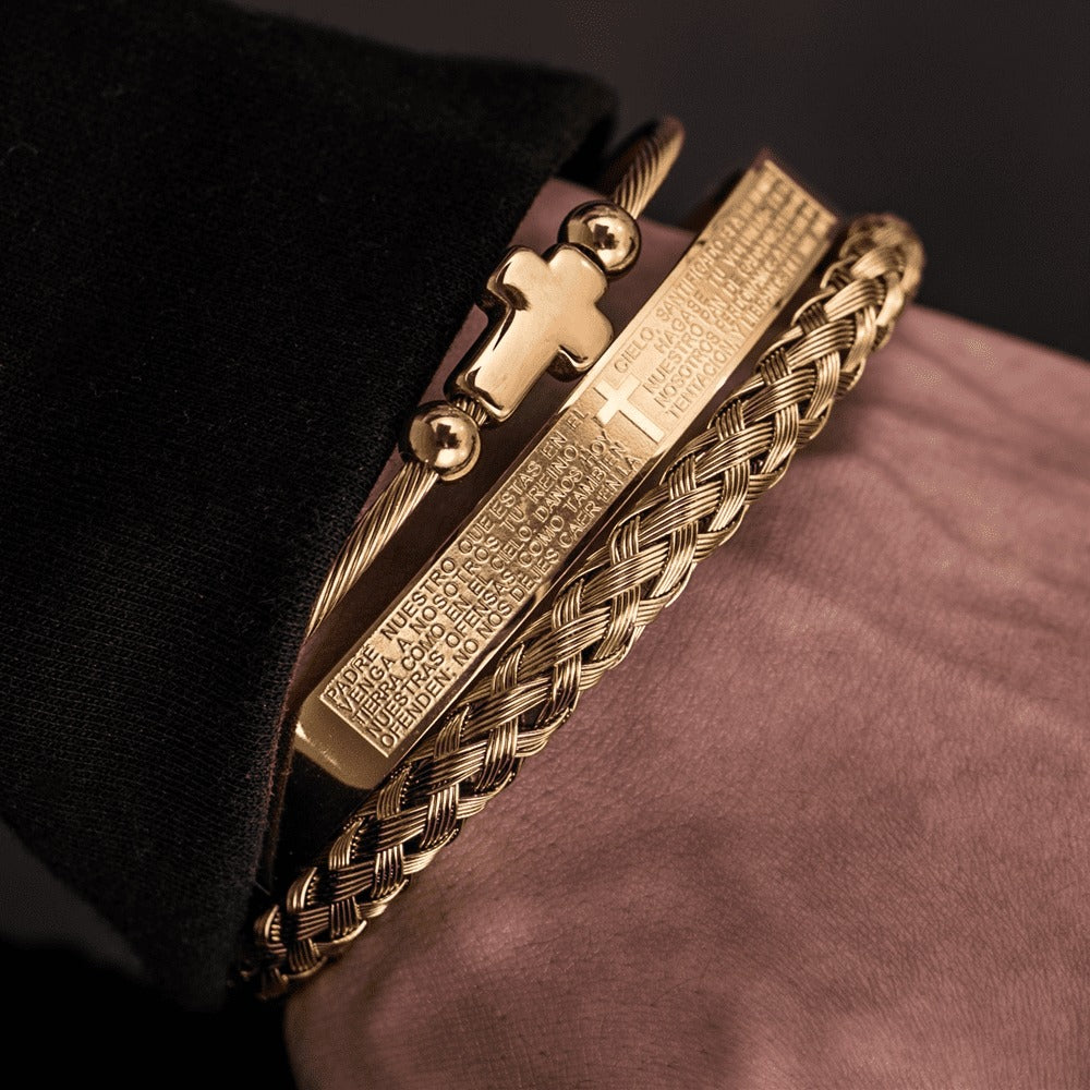 Trio von Unser Vater Kreuz Armreifen - Schickes Edelstahl mit Gold- und Silber-Finish