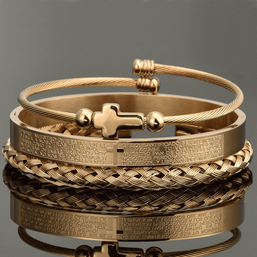 Trio von Unser Vater Kreuz Armreifen - Schickes Edelstahl mit Gold- und Silber-Finish